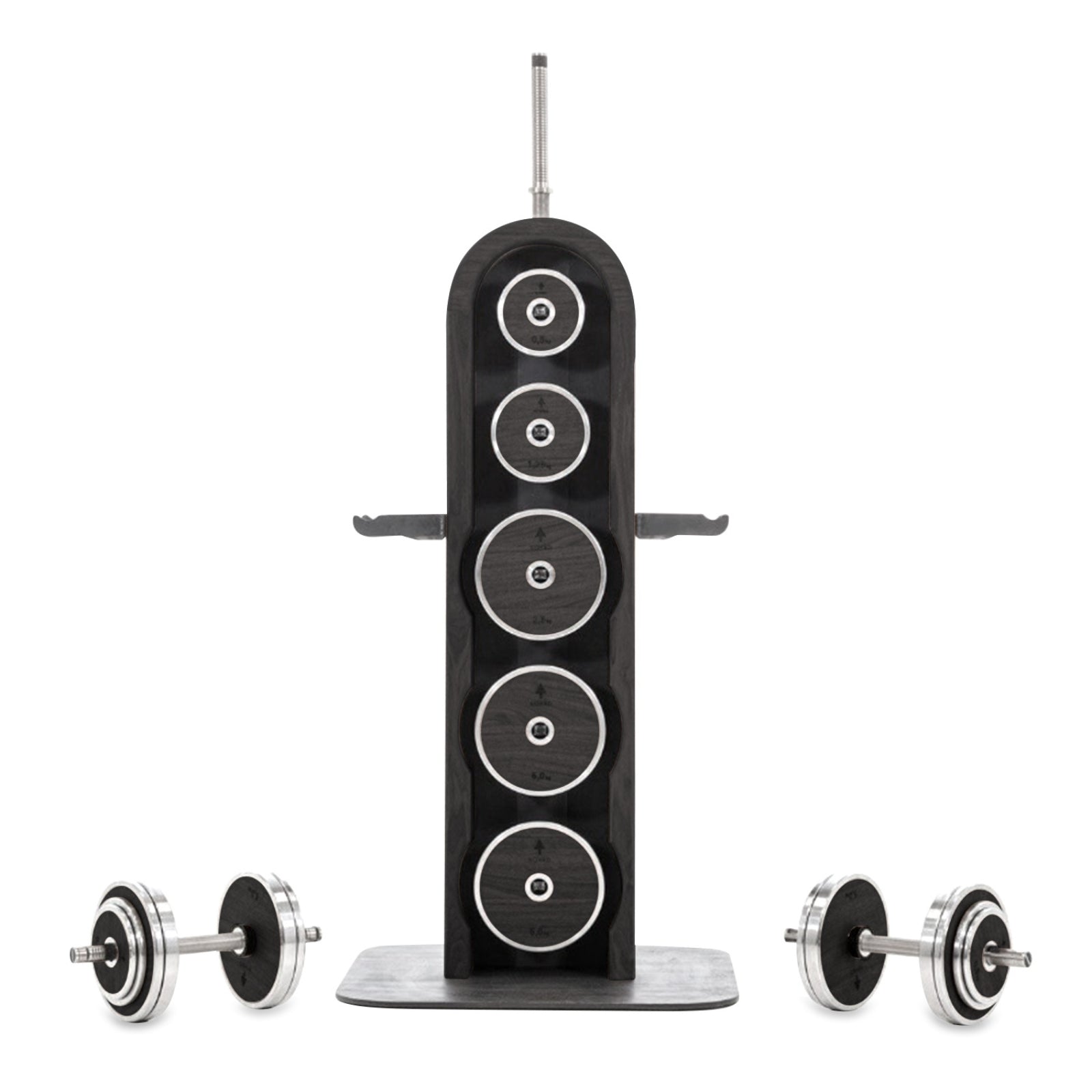 NOHRD Weight Plate Tower All Black – Set met Gungnir Dumbbells & Barbell – Zwart gebeist eikenhout