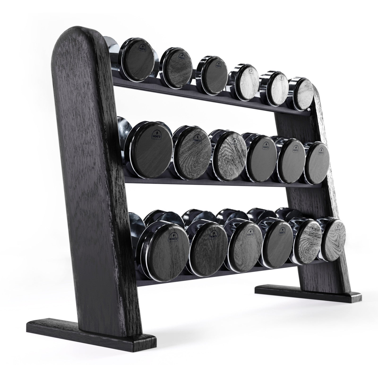 NOHRD Dumbbells Set Zwart – Gewichten met opslagrek – Gebeitst eikenhout