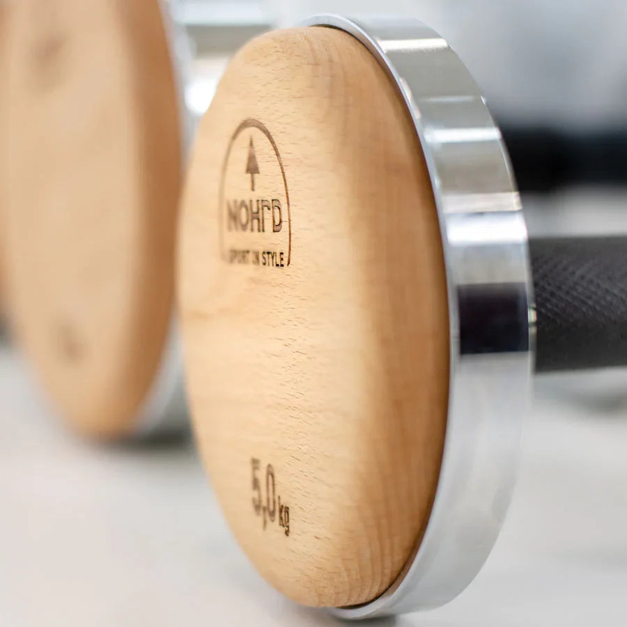 NOHRD Dumbbells Set Club – Gewichten met opslagrek – Gebeitst eikenhout