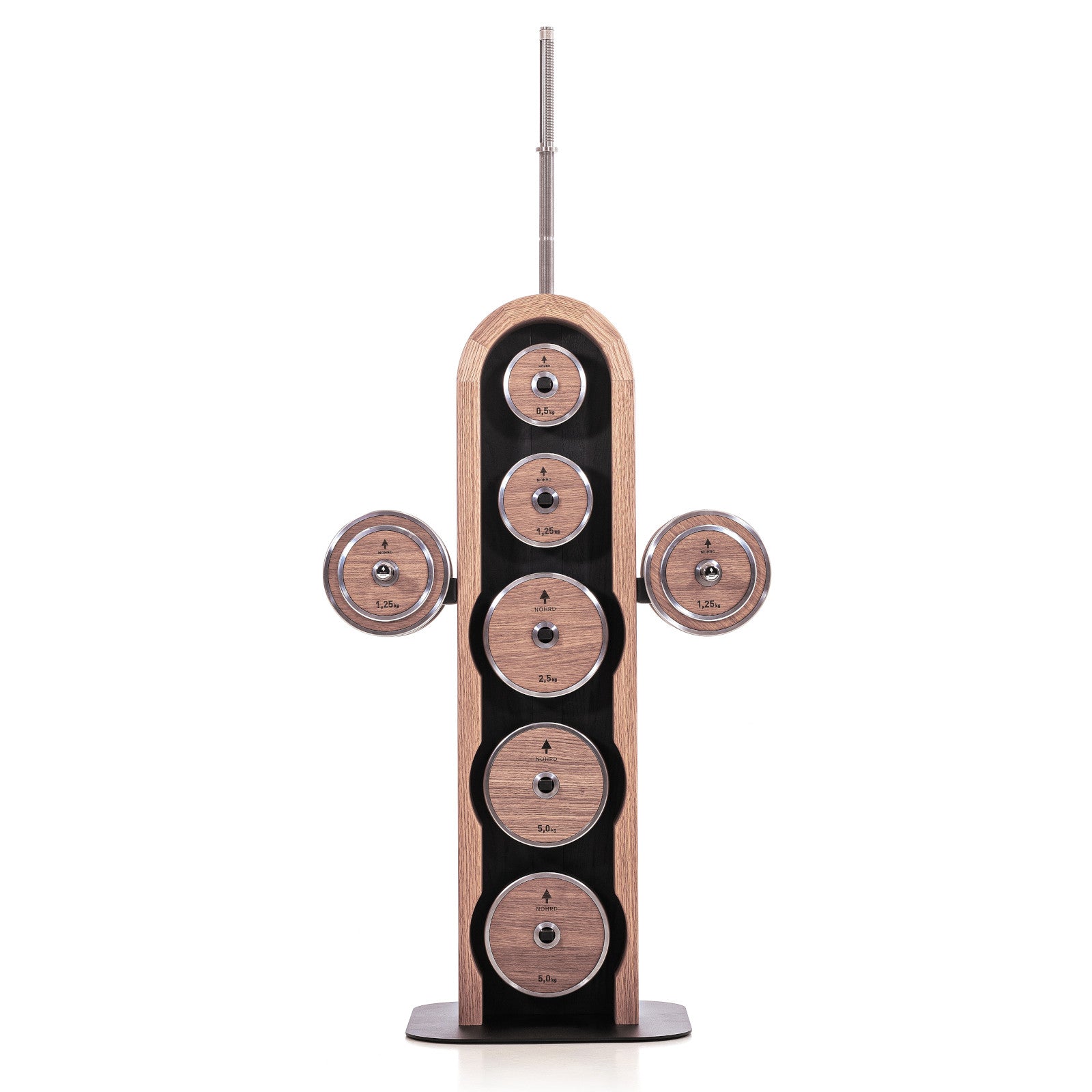 NOHRD Weight Plate Tower Vintage Eiken – Set met Gungnir Dumbbells & Barbell – Gebeist eikenhout